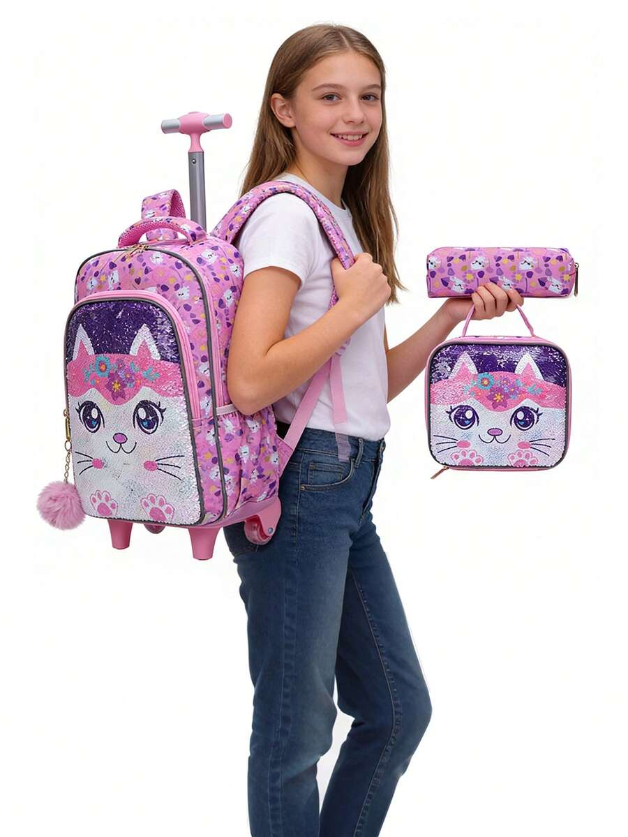 BLING BABIES 3件套拉杆背包，可爱卡通猫咪亮片设计，适合学生，带轮子，包含午餐盒和铅笔盒