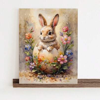 1pc, Canvas Wall Art, Framed Wall Decor, Easter Eggs, Easter Bunny Motif, Bunny In Egg, Vintage Farmhouse Style Wall Art, Rustic Spring Decor, Spring Canvas Wall Art, Spring Bunny Oil Painting, Easter Bunny Poster, Easter Decorations
