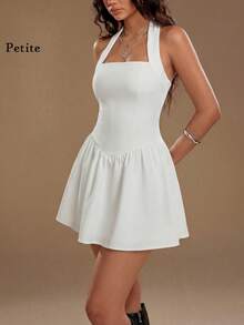 白色无袖高领迷你连衣裙，方领设计，收腰剪裁，A字裙摆，优雅时尚，适合晚宴、约会、休闲散步、酒吧等场合。 - 白色 - 查看 3