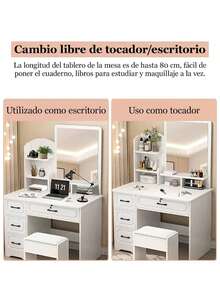 Tocador Multifuncional Con Espejo Y Estante 4 Cajones,Con luces,Suministro de energía USB ﻿ ﻿ ﻿ - Blanco - Ver 7