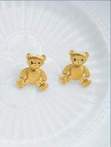 Mazuer 1对可爱条纹小熊耳钉，18K镀金不锈钢材质，女士饰品，日常佩戴，约会，生日礼物 - 金黃色 - 查看 5