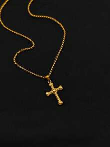 1pc Men's Simple Gold Cross Necklace, Stainless Steel Gold Cross Pendant Necklace, Basic Style Necklace, Men's Jewelry Gift - Yellow Gold - View 6