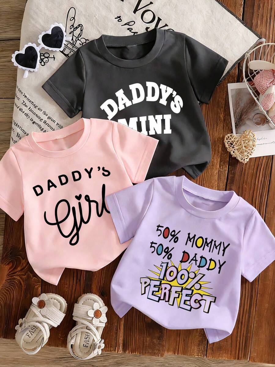 [Ngày của Mẹ/Ngày của Cha] Bộ 3 món quần áo cho bé gái, áo thun ngắn tay in khẩu hiệu, áo mùa hè cho bé gái và trẻ nhỏ - Nhiều màu - Xem 1