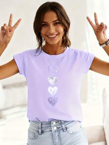 [Circle]Women's Casual, 4 Different Styles Of Heart Pattern Printed T-Shirts - Unique Heart Design, Casual Round Neck Tops - Breathable, Lightweight, And Comfortable, Suitable For Spring And Summer Wardrobe - 紫色 - 查看 4