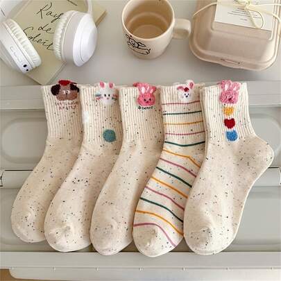 5 Pairs Comfortable Fashion Casual Versatile Cute Cartoon Animal Rabbit Puppy Mid-Calf Socks