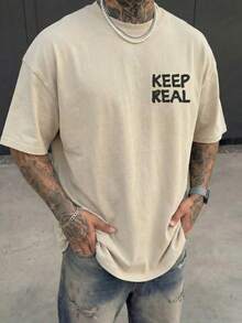 男士“看清真相，揭露谎言”标语印花落肩T恤，休闲街头风宽松版型，双面可穿，Y2K复古柔软触感，夏季款 - 杏色 - 查看 3