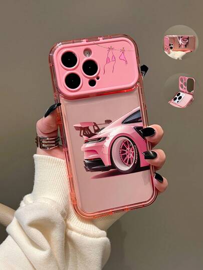 1pc Pink Sports Car Mirror Bracket TPU Phone Case Compatible With IPhone X XR XSMax 11 12 13 13Pro 13ProMax 14ProMax 14ProMax 15 15PRO 15PLUS 15PROMAX IPhone16 16Pro 16Plus 16Promax 17 17Pro 17Promax