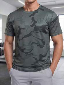 新款男士运动短袖T恤，轻便训练迷彩T恤，跑步慢跑徒步运动T恤，透气舒适休闲男士短袖上衣 - 深灰色 - 查看 4
