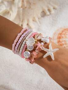 imoli 7pcs/Set Fashionable Bohemian Ocean Style Multi-Layer Glass Bead, Resin Starfish & Shell Bracelet Set, Suitable As Beach Party Jewelry Gift For Women - Pink - View 6