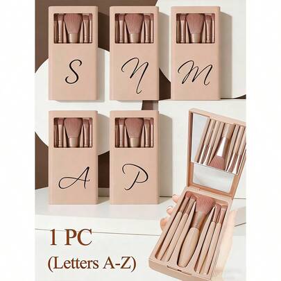 Bộ 5 cọ trang điểm cầm tay có gương, in chữ đen A-Z, hộp đựng cọ trang điểm đa năng, cọ trang điểm đa năng kèm gương, bút trang điểm mini đa năng, cọ nền, cọ phấn mắt, dụng cụ làm đẹp cơ bản, hộp đựng cọ trang điểm, giá đựng cọ trang điểm, quà tặng tiện lợi cho bé gái, bộ dụng cụ trang điểm lý tưởng, đồ dùng du lịch tiện dụng.