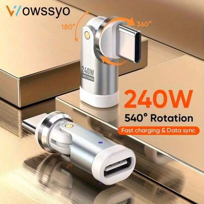 Adaptateur de charge rapide USB-C Wowssyo 540° rotatif 240W prenant en charge le transfert de données haute vitesse USB 3.1 Convertisseur mâle vers femelle Type-C avec indicateur LED Adaptateur OTG Type-C pour ordinateurs portables, tablettes et smartphones. Cadeau d'anniversaire de printemps