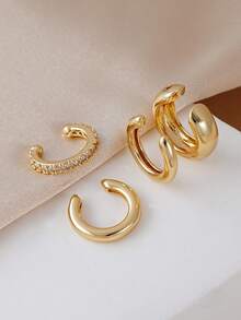 4件套极简立方氧化锆耳夹套装 – 可叠戴免耳洞饰品，适合日常及办公佩戴 - 金黃色 - 查看 3