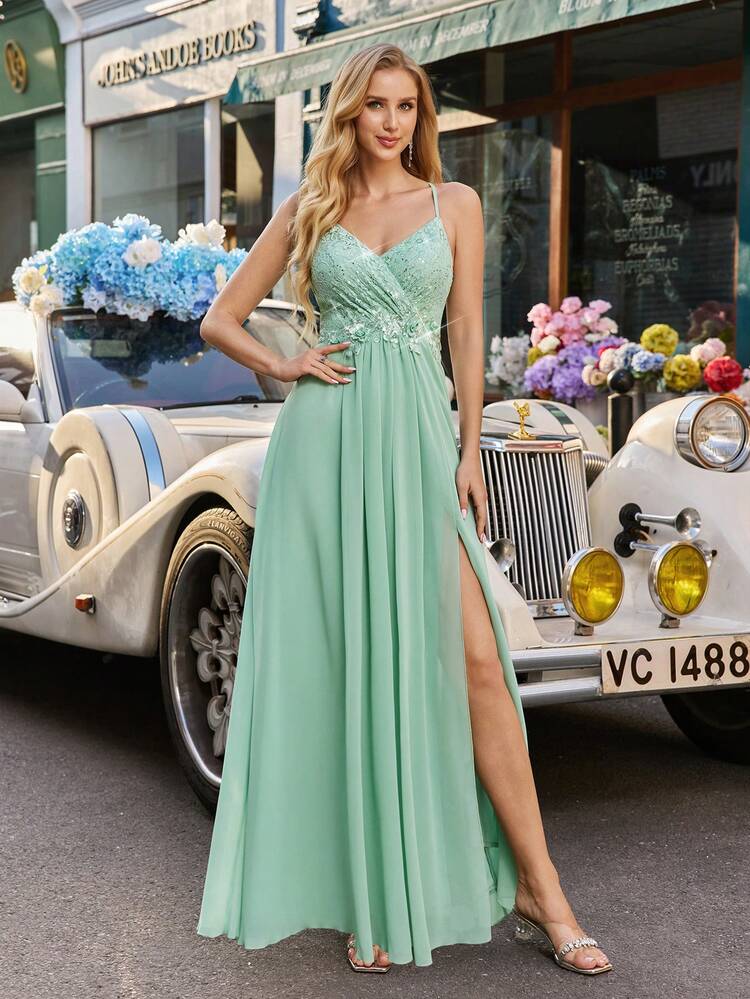 Women Elegant Lace Applique Slit Prom Bridesmaid Wedding Guest Maxi Dresses Spring Summer Cocktail Party Graduation Homecoming Engagement Evening Gown
