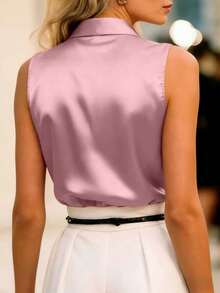 女士优雅翻领纽扣细节常规长度涤纶无袖背心，日常穿着 - 西瓜粉 - 查看 3