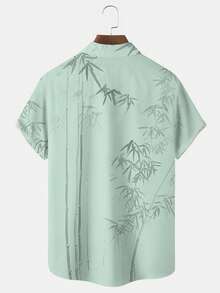 男士輕量寬鬆短袖襯衫，夏威夷竹葉印花 - 綠色 - 查看 5