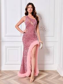 Elisanya Đầm dạ hội sang trọng, gợi cảm, thiết kế bất đối xứng/khoét vai lệch, phối lưới, xẻ tà cao, phù hợp cho các bữa tiệc, hẹn hò, dự tiệc cưới. - Bụi hồng - Xem 7