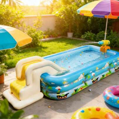 Piscina inflable de 3 capas con diseño de dibujos animados tropicales vibrantes - palmeras, días soleados y personajes lindos, piscina de PVC ligera para diversión al aire libre en el patio trasero y el jardín | Decoración de piscina vibrante | Piscina inflable ligera (solo la piscina, sin accesorios) disponible en varios tamaños