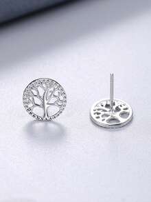 1 Pair S925 Sterling Silver Life Tree Round Stud Earrings, Fashionable & Fresh Elegant, Suitable For Daily Wear, Versatile & Exquisite Earrings Gift - Tree - View 6