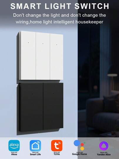 1 pieza Interruptor táctil inteligente estándar europeo con panel de vidrio templado, compatible con modelos duales con/sin cable neutro, 1/2/3 pandillas blanco/negro, WiFi y Bluetooth, diseño de montaje rápido dividido, funciona con Alexa, Tuya, Yandex Alice, Smart Life, control remoto por aplicación, control de voz, temporizador para iluminación del hogar