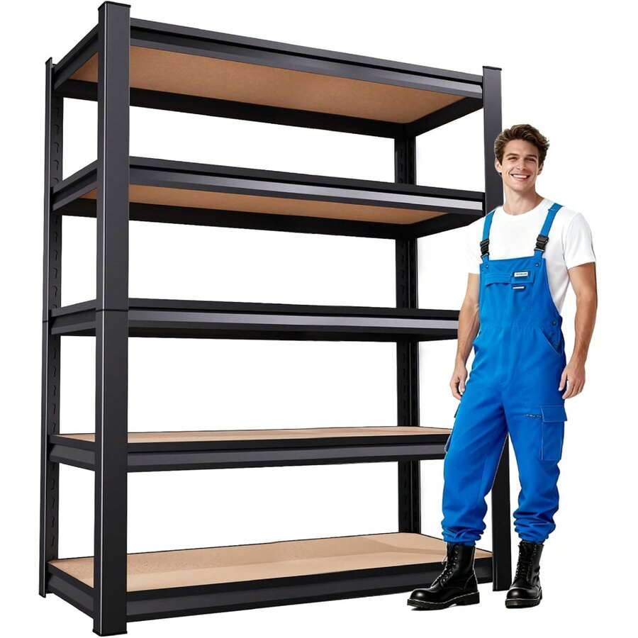 5-Tier Garage Shelving Heavy Duty, Adjustable Storage Shelves, 2500LBS Metal Garage Shelves,Storage Rack For Basement, Warehouse, Pantry, Easy Assembly, Black (Wooden-72''H X 35.4''W X 15.7''D) - màu đen - Xem 1