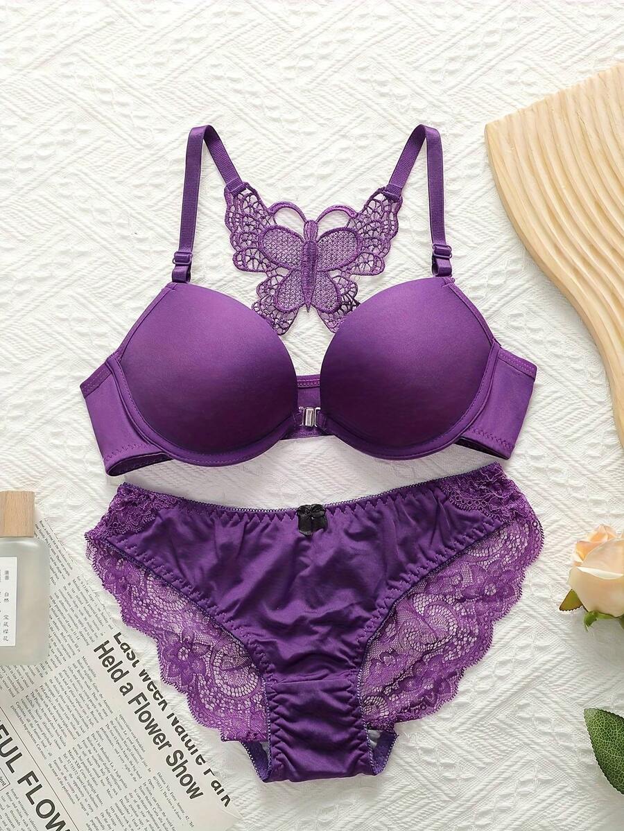 一套女士蕾丝钢圈聚拢文胸和内裤 - 紫色 - 查看 1