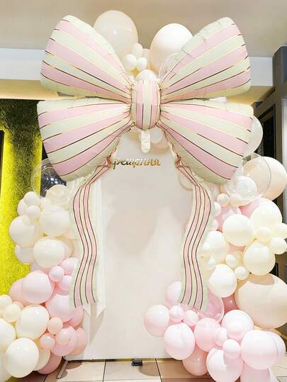 1个超大号60英寸条纹蝴蝶结铝箔气球，粉色条纹蝴蝶结气球，适用于蝴蝶结装饰、生日、情人节、婚礼、拍照装饰、公主主题生日派对、新娘送礼会、单身派对装饰、周年纪念、下午茶派对等场合。