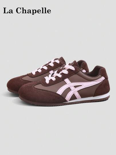 1 Pair La Chapelle Women's Thick Sole Lace-Up Soft Bottom Casual Shoes, Low-Top Outdoor Flat Shoes, Round Toe Low Heel Non-Slip Solid Color Elegant Soft Bottom Hiking Shoes Suitable For Students Graduation Photos, Women Low-Top Leather Sports Skateboard Shoes