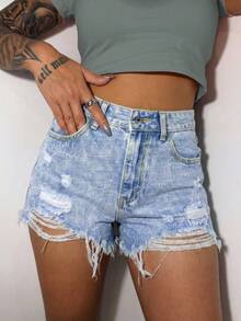 Fashion Women's Straight Leg Ripped Denim Mini Shorts Casual Wear Non-Stretch Fabric - Blue - View 2