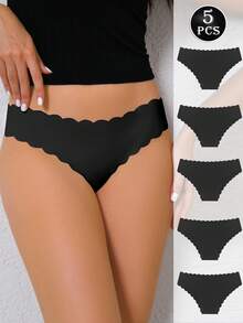 Bộ 5 chiếc quần lót bikini màu trơn gợi cảm, không đường may, viền bèo nhún, thoáng khí, co giãn, thích hợp mặc hàng ngày cho nữ, món đồ lót thiết yếu dành cho phái nữ. - màu đen - Xem 2