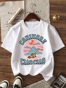 1件女童休闲汽车、日落和云朵印花圆领短袖T恤，夏季学生青少年服装 - 这款印有汽车、日落和云朵图案的T恤为每个孩子带来欢乐和幸福！CONIMRE CIAO CIAO - 白色 - 查看 3