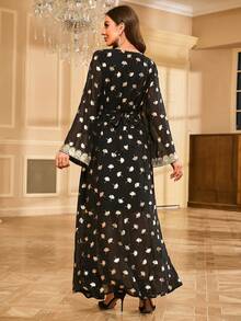 Gold Foil Leaf Patchwork Long Sleeve Dress - Black - View 2