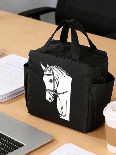 Bolsa de almuerzo aislada con diseño de silueta de caballo elegante - Lona de Oxford duradera, gran capacidad para oficina, escuela, picnic, campamento y viaje, opciones en negro y gris, solo lavar a mano, fiambrera
