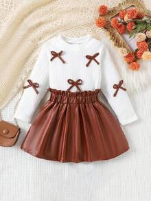 2pcs Girls Elegant Preppy Style Long Sleeve Top & Skirt Set, Autumn/Winter - White - View 3