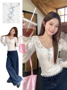 Women's White Lace Bow T-Shirt, Sweet & Sexy Street Style, Long Sleeve Undershirt For Spring/Summer - White - View 6