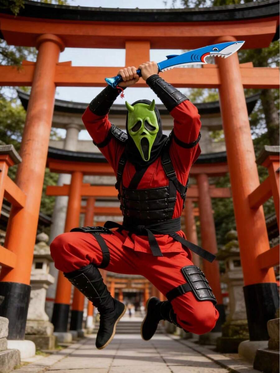 Ed Devil Latex Mask + Red Hooded Cape + Telescoping Golden Hand Prop Set - Halloween Demon Costume Kit For Adults - Multicolor - View 1