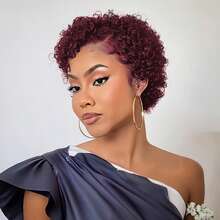 T字形蕾丝前假发，精灵短发，真人发，13x4x1蕾丝前额卷曲短款真人发假发，适合，1B黑色，99J酒红色短款精灵假发，适合，层次感短款假发，带侧刘海，真人发，适合日常佩戴 - 彩色 - 查看 12