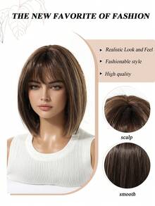 12英寸短款金棕色波波头假发，女士耐热合成假发，带刘海挑染，自然短发，适合日常和派对佩戴。 - 棕色 - 查看 7