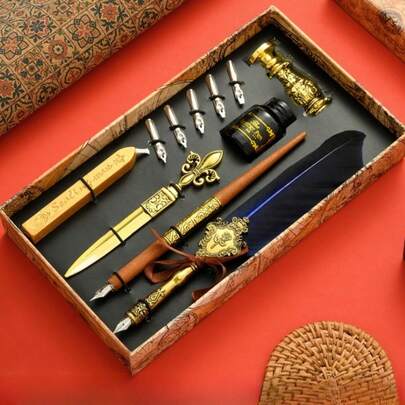 1set Style Quill Set, Including Dipping Quills, Wax Seals, Ink, Letter Openers, Etc., Suitable For Daily Writing, Desktop Decoration, Cultural And Creative Collection, Gift Giving, Etc