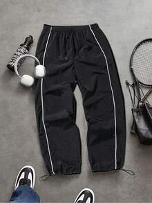 Pantalones casuales para hombres, diseño de rayas rectas, dobladillo con cordón, tela de nailon de secado rápido, pantalones anchos de corte holgado - Negro - Ver 1