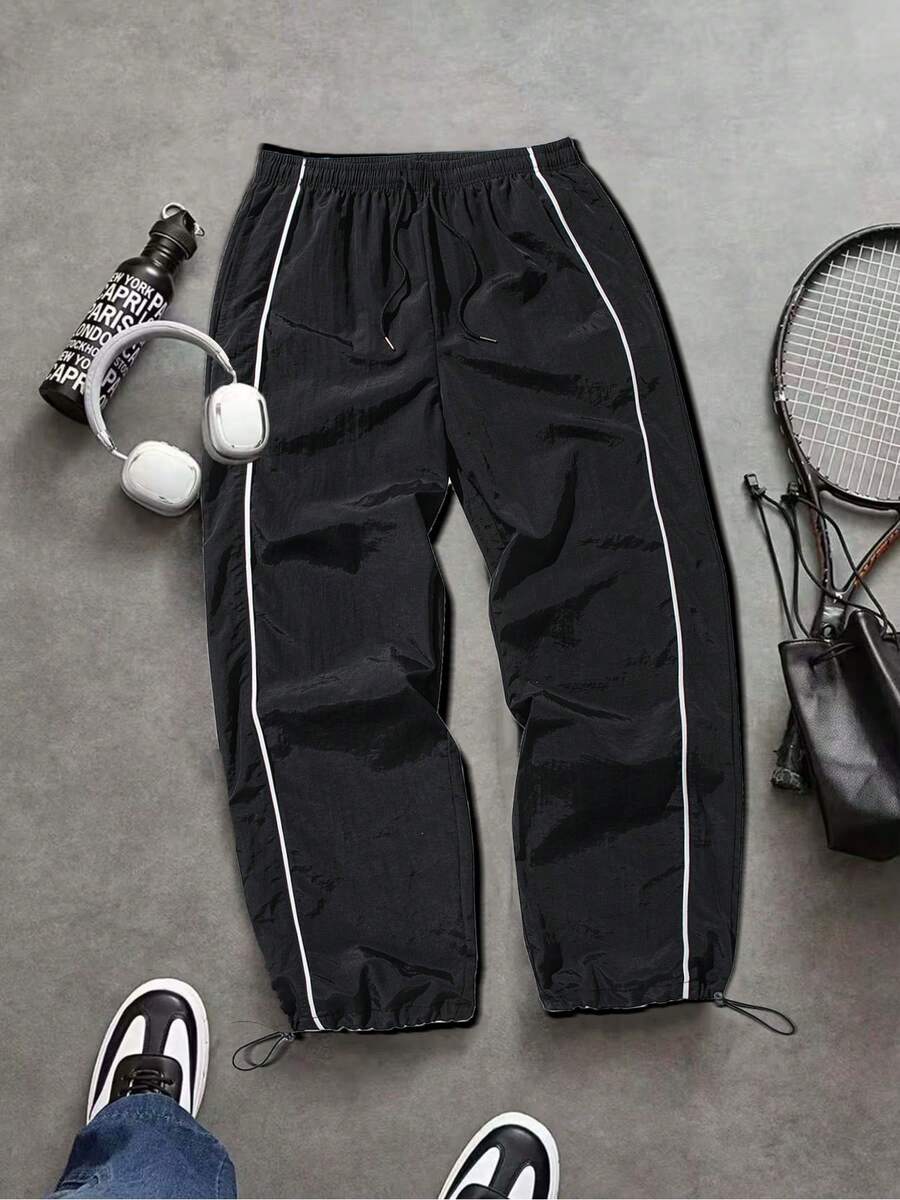 Pantalones casuales para hombres, diseño de rayas rectas, dobladillo con cordón, tela de nailon de secado rápido, pantalones anchos de corte holgado - Negro - Ver 1