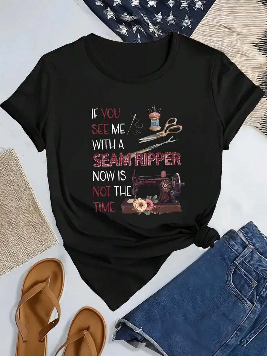Tijeras de Máquina de Coser Camiseta Casual de Moda - Negro - Ver 1