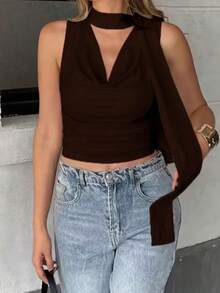 Áo tank top xếp ly màu trơn, kiểu dáng thời trang, thích hợp cho buổi tối hẹn hò, đi biển, nghỉ mát, mùa hè. - màu nâu - Xem 3