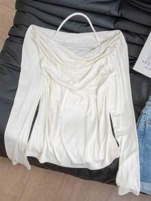 New Spring/Summer Off Shoulder Long Sleeve T-Shirt Women, White Solid Color Knit Fabric Open Shoulder Pullover Top - White - View 9
