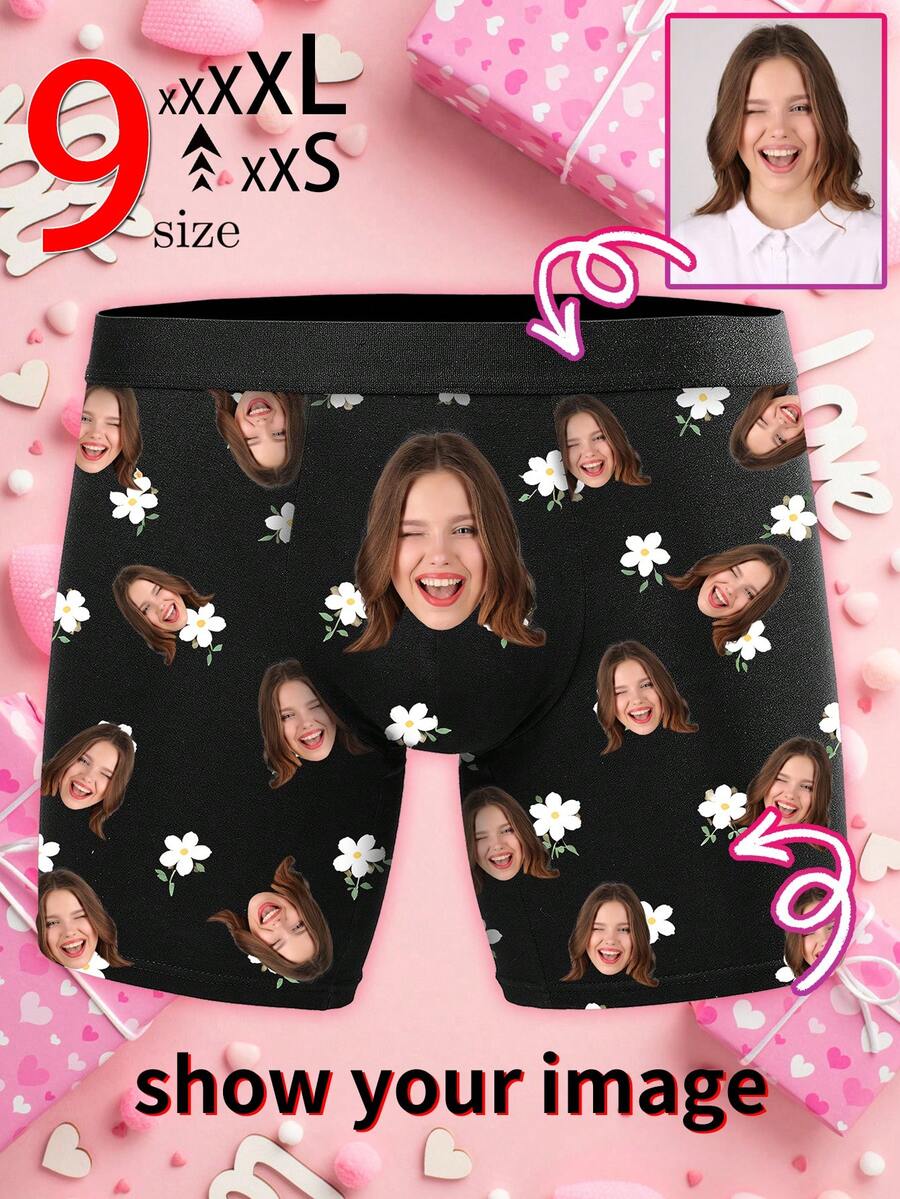 1件定制照片印花男士平角内裤 - 雏菊图案，个性化人脸印花平角内裤，定制趣味人脸平角短裤，周年纪念礼物，情人节礼物，生日礼物，结婚礼物，送给闺蜜的礼物，送给男友的礼物，送给老公的礼物，男士礼物 - 黑色 - 查看 1