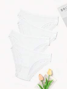 4条装女士白色条纹内裤，蕾丝边设计，透气面料，高弹力，舒适吸汗 - 白色 - 查看 2