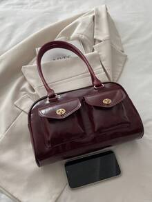 1pc Minimalist Retro Zipper Tote Bag, Decorated With Pockets, Dual Handles, Suitable For Women's Casual And Commuting Daily Use - Burgundy - View 3