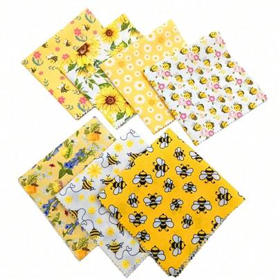 7片可爱蜜蜂图案布料套装，每片尺寸为9.8*9.8英寸，包含蜜蜂、雏菊、花朵主题图案，预裁切拼布方块，适合DIY手工和装饰，涤纶拼布组合，是制作手工饰品袋和小物件的必备之选，扇形边布料套装，非常适合制作杯垫/桌布/小袋子。