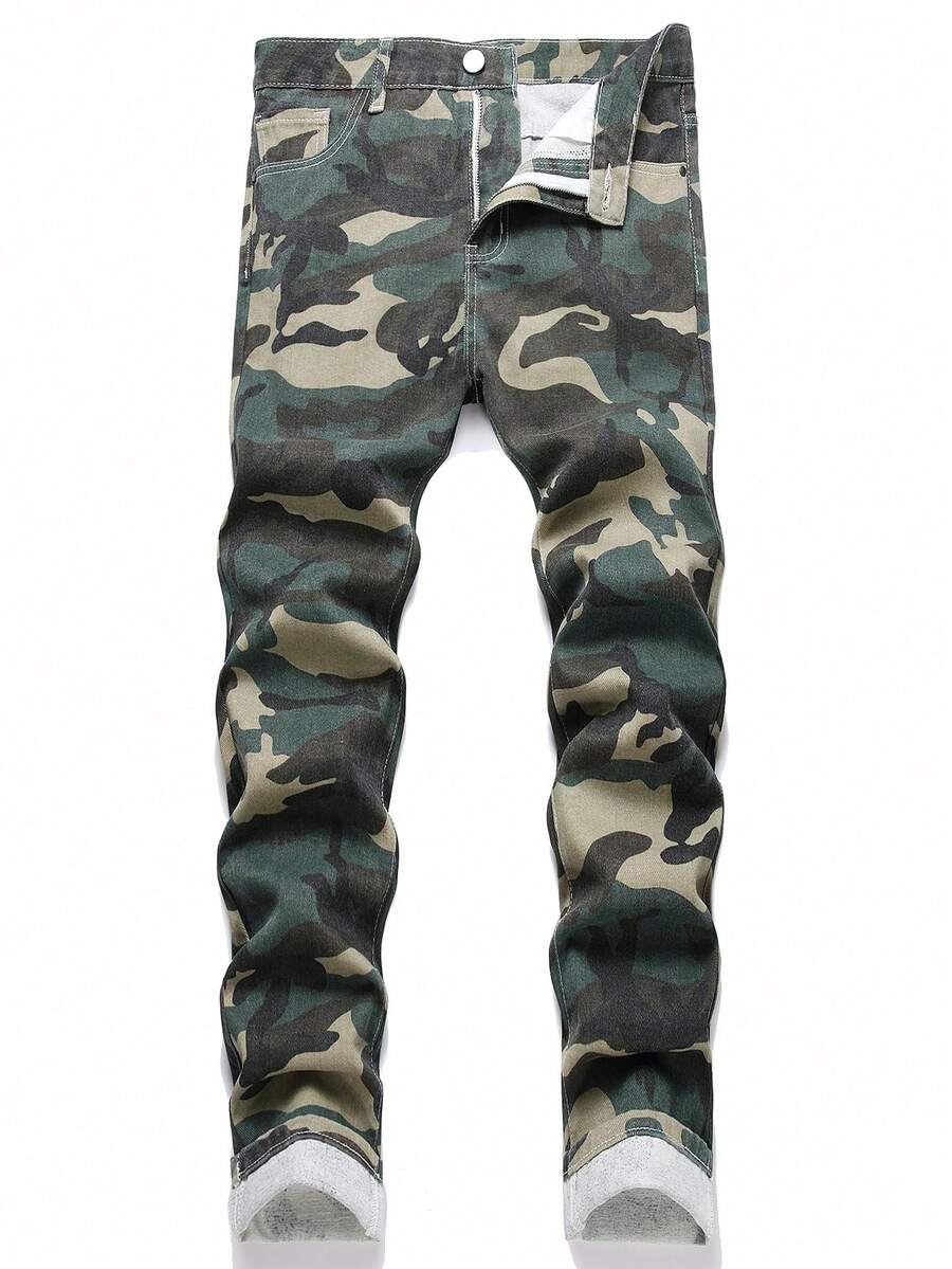 Jeans vaqueros rectos y ajustados con estampado de camuflaje para hombre - Verde militar - Ver 1