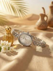 1pc Women's Gold Alloy Bracelet Watch, Oval Dial, Fashionable White Hands, Casual Elegant Roman Numeral Quartz Watch, Suitable For Daily Decoration And Wear - Silver - View 15