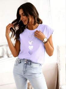 [Circle]Women's Casual, 4 Different Styles Of Heart Pattern Printed T-Shirts - Unique Heart Design, Casual Round Neck Tops - Breathable, Lightweight, And Comfortable, Suitable For Spring And Summer Wardrobe - 紫色 - 查看 2